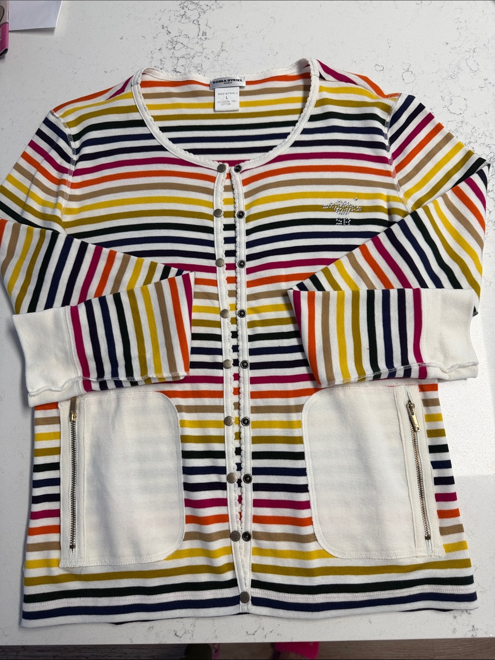 Sonia Rykiel Women’s 2 pc Set Tank and Jacket Snaps closure Stripped rhinestone